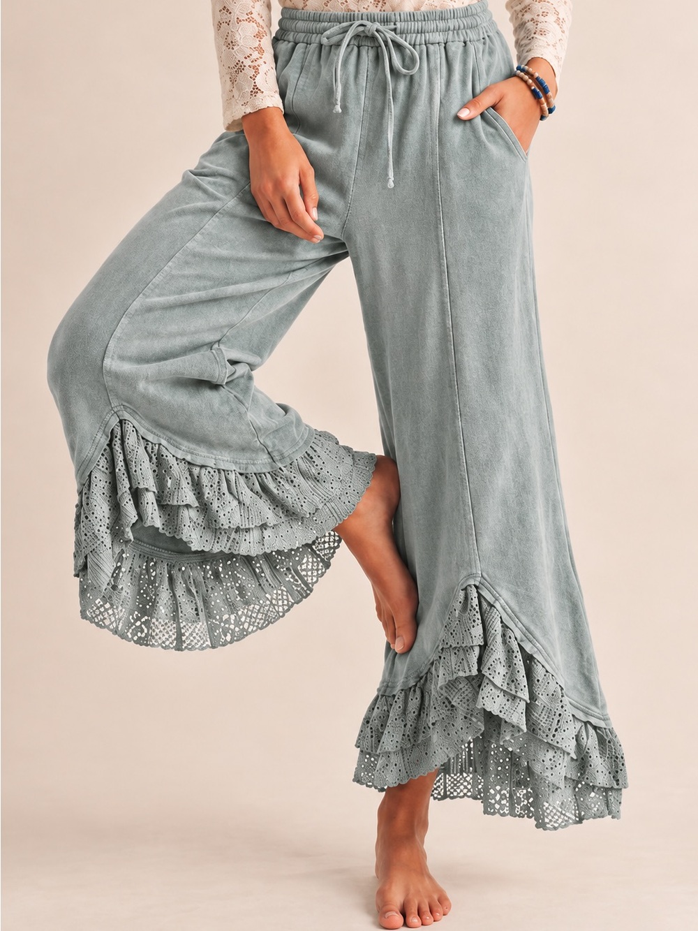 Lace-Trim Wide Leg Pants in Sage Green - Picture 4 of 4